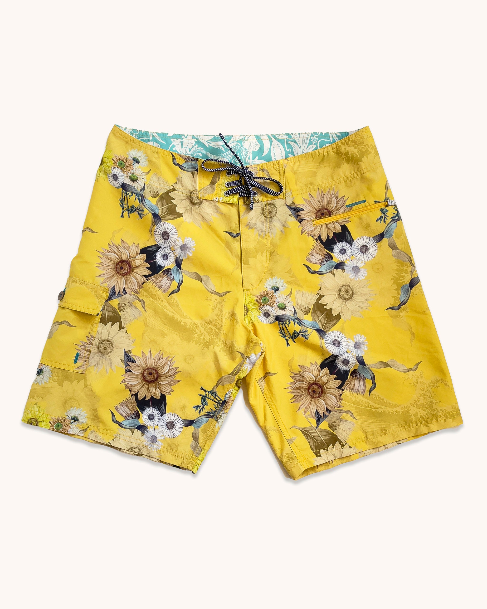 Blighty Long-length Boardshorts, Wave Flower Sunshine Print Long Boardshort Riz Boardshorts 