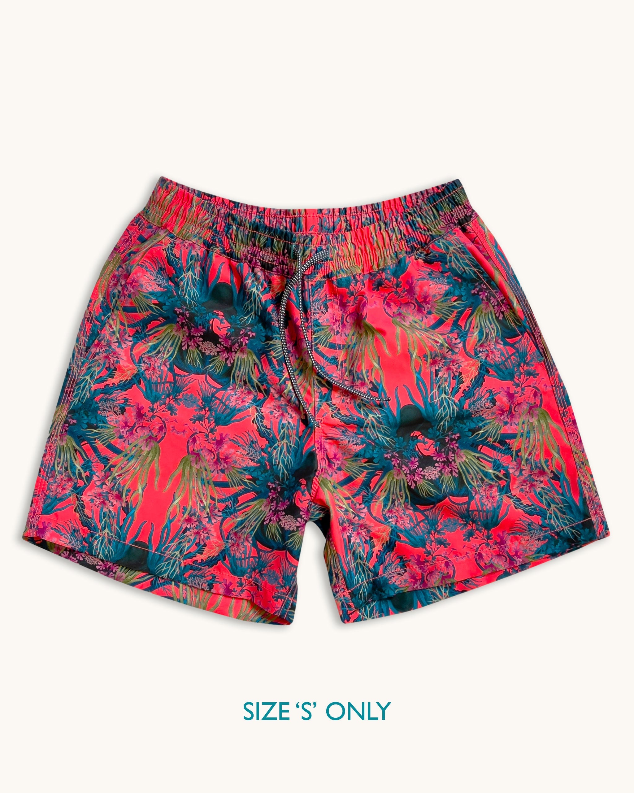 Blythe Drawstring Swim Shorts, Seaweed Coral Print Elasticated Swim short Riz Boardshorts 