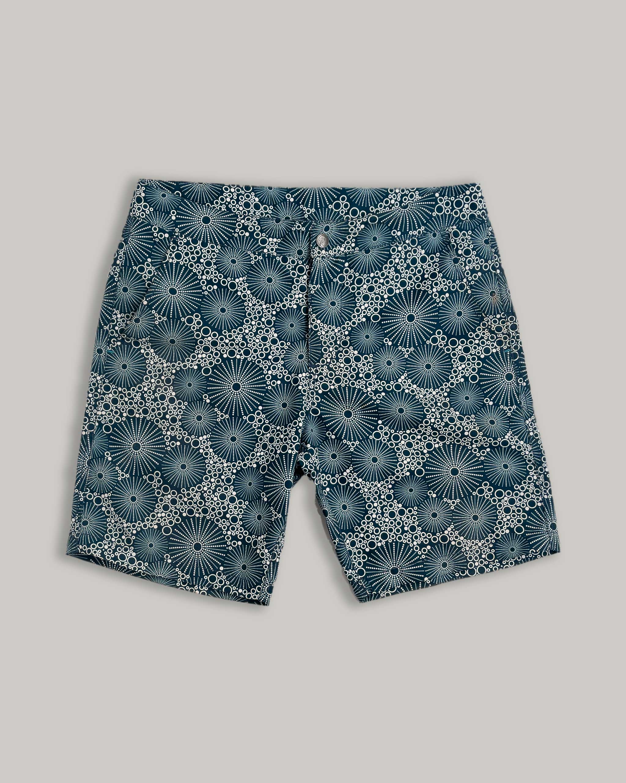 Braunton Longer-Length Tailored Shorts, Polka Urchin Print Long Tailored Swim short Riz Boardshorts 